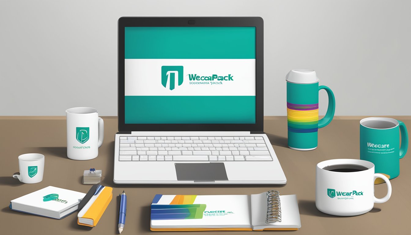 A table adorned with branded corporate gifts, including custom mugs, notebooks, and pens, displayed with the WeCarePack.sg logo prominently featured