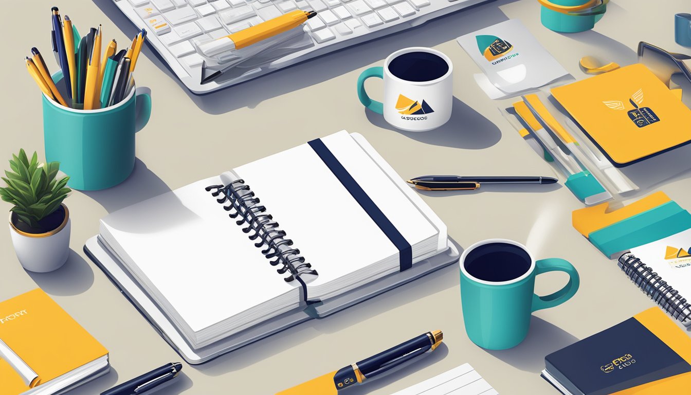 A table with branded corporate gifts: pens, notebooks, and mugs. Company logo displayed prominently. Bright, modern office setting
