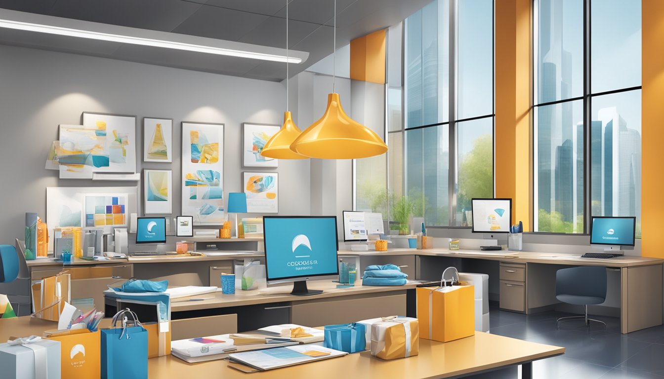 A table displays a variety of corporate gifts, including branded merchandise and personalized items, with a backdrop of a modern office setting