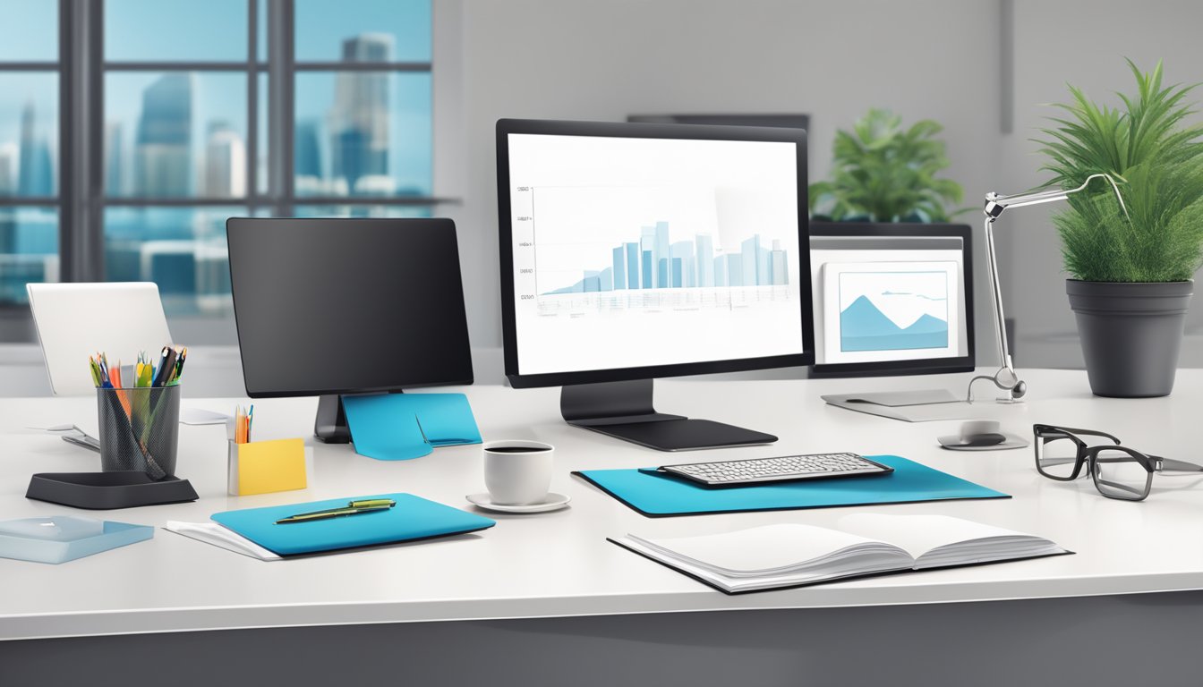 A sleek, modern office setting with branded corporate gifts displayed on a clean, organized desk. A professional atmosphere with a touch of sophistication