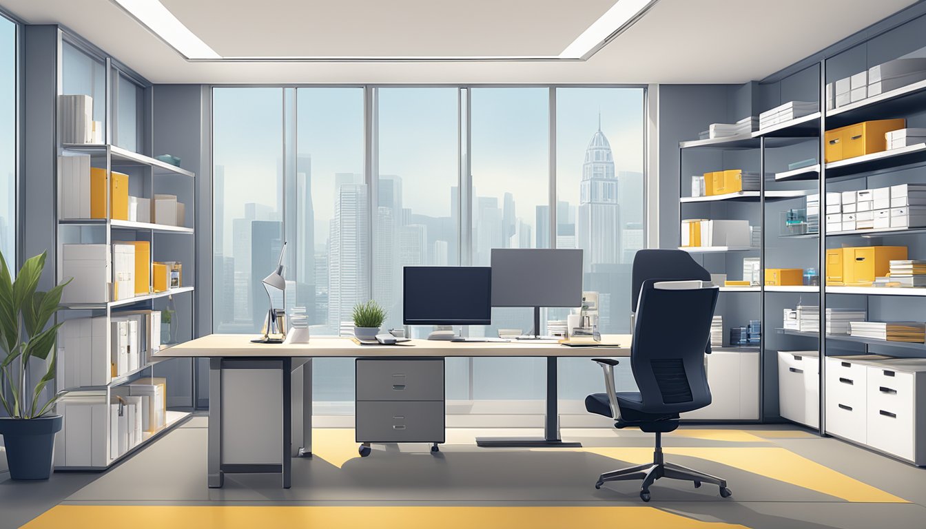 A sleek, modern office setting with branded corporate gifts displayed on shelves and desks. The Cera.com.sg logo prominently featured on promotional items