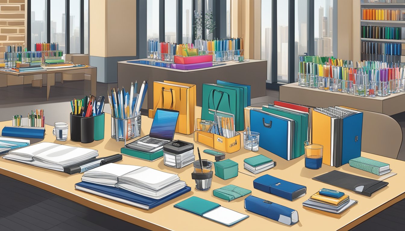 A table filled with various corporate gifts, including branded pens, notebooks, and drinkware, displayed in an elegant showroom setting