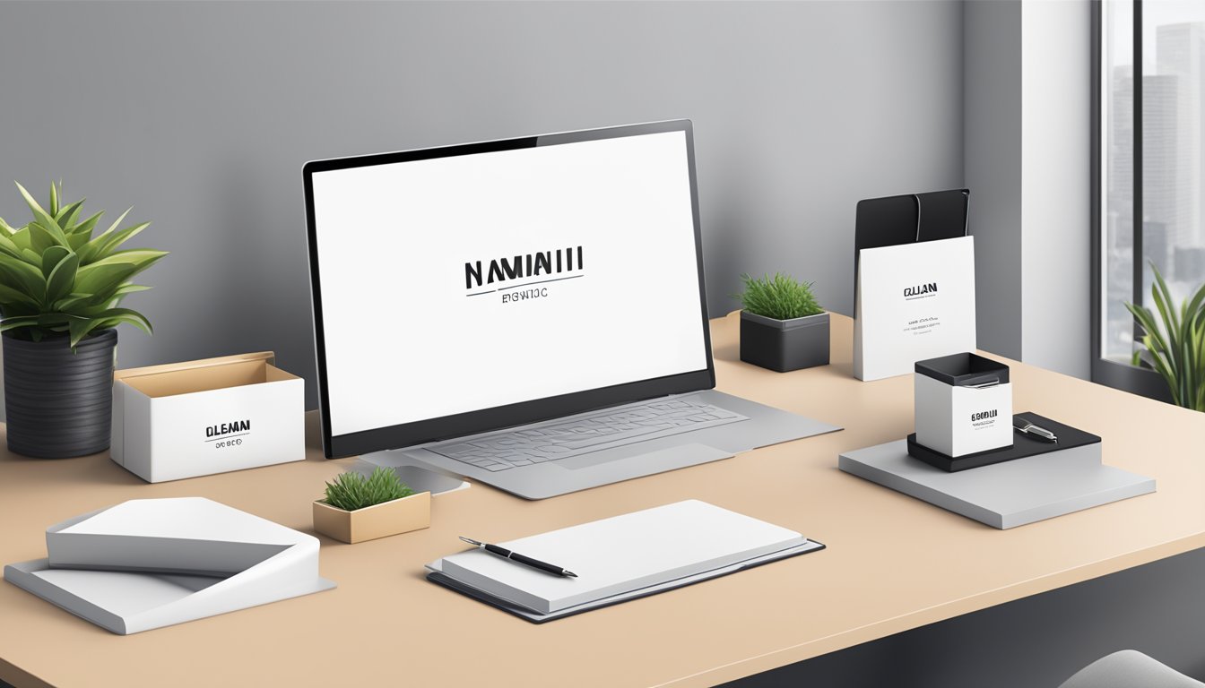 A sleek office desk with a branded corporate gift set displayed. The company logo prominently featured on the items. Clean and professional aesthetic