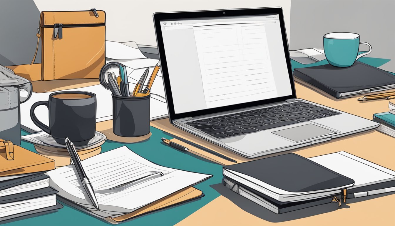 A desk with a laptop, pen, and notepad, surrounded by various corporate gifts like branded mugs and leather portfolios