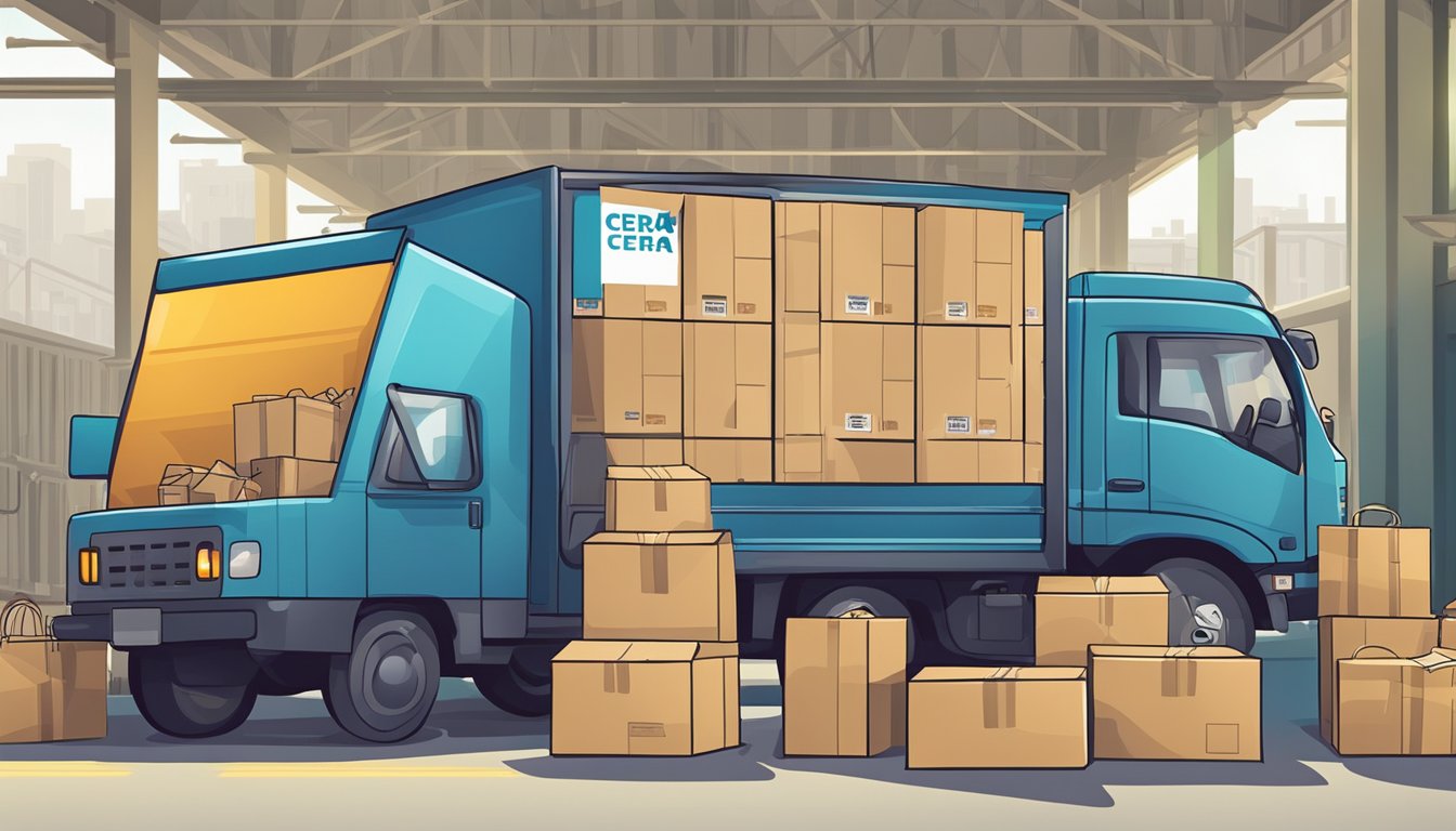 A pile of corporate gifts being packed into boxes, with a delivery truck parked outside a warehouse labeled Cera.com.sg