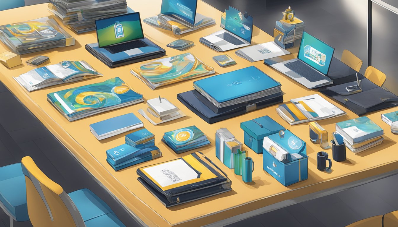 A table filled with various corporate gifts, including branded merchandise and custom items, displayed in a well-lit showroom