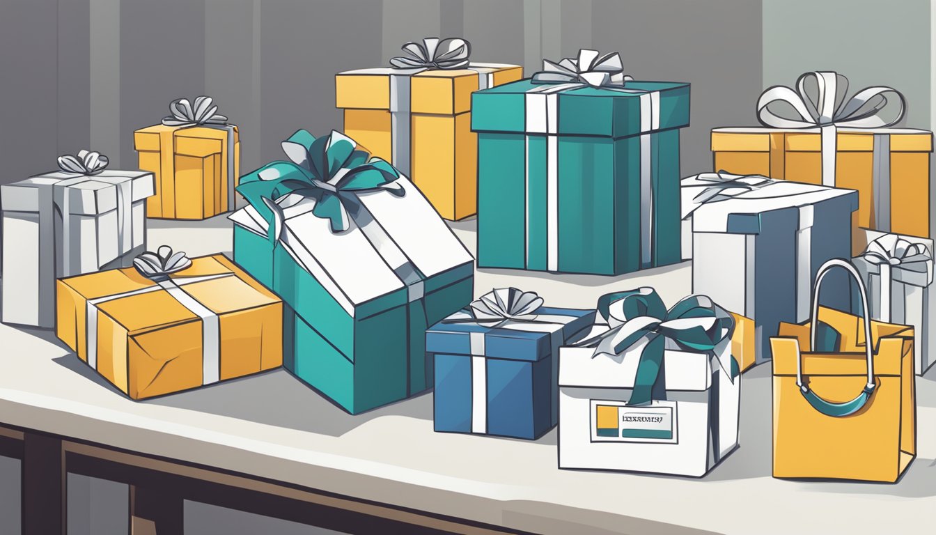 A group of corporate gifts displayed on a table with the WeCarePack.sg logo in the background. Text "Frequently Asked Questions" and "Corporate Gifts Review" are visible