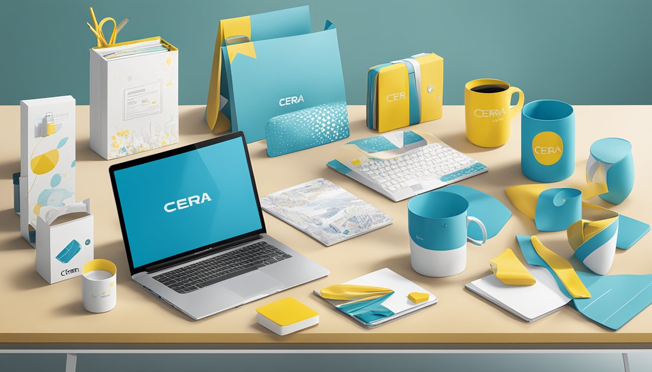 A group of corporate gifts neatly displayed on a sleek, modern table with the Cera.com.sg logo prominently featured in the background