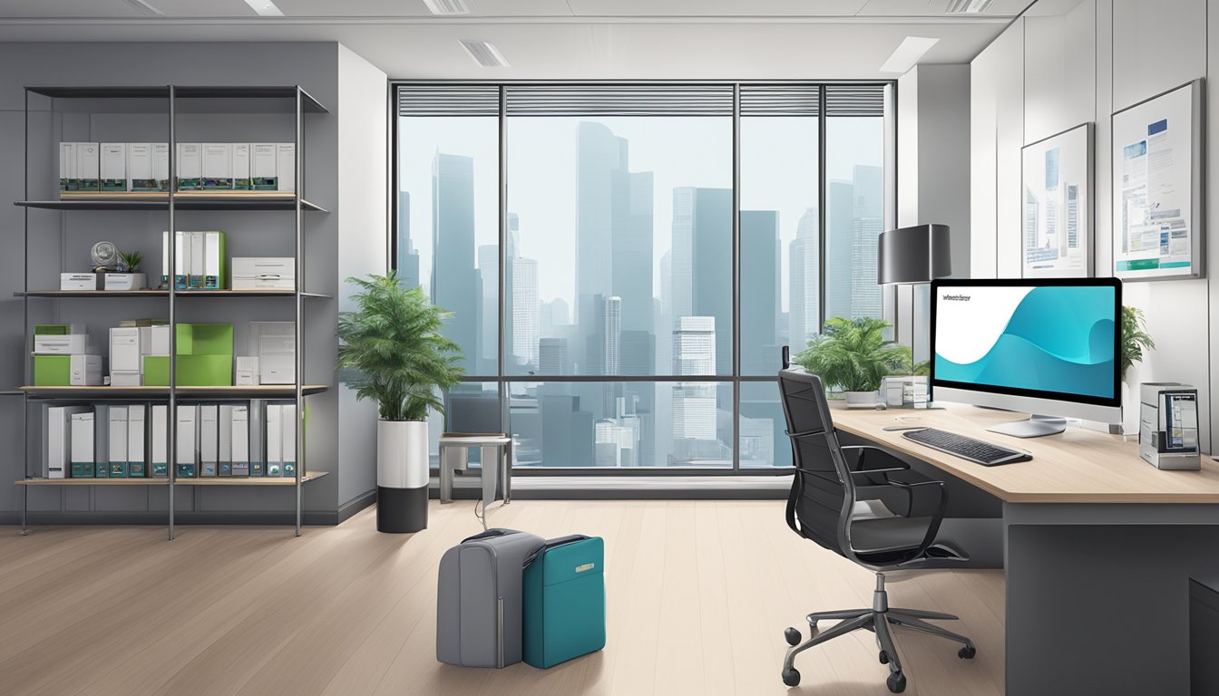 A sleek, modern office setting with a desk adorned with branded corporate gifts and a computer screen displaying the PristineGifts.com.sg website