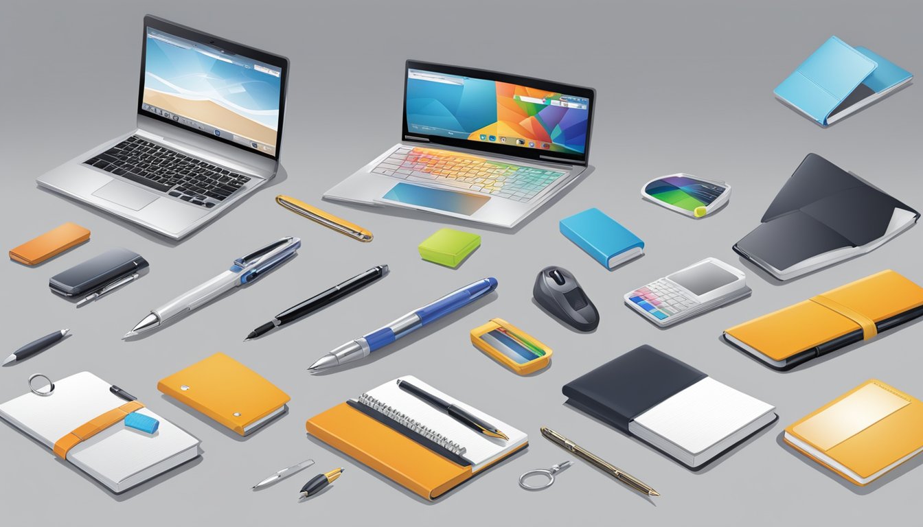 A table displays a variety of corporate gifts - pens, notebooks, and electronic gadgets. A sleek logo adorns each item