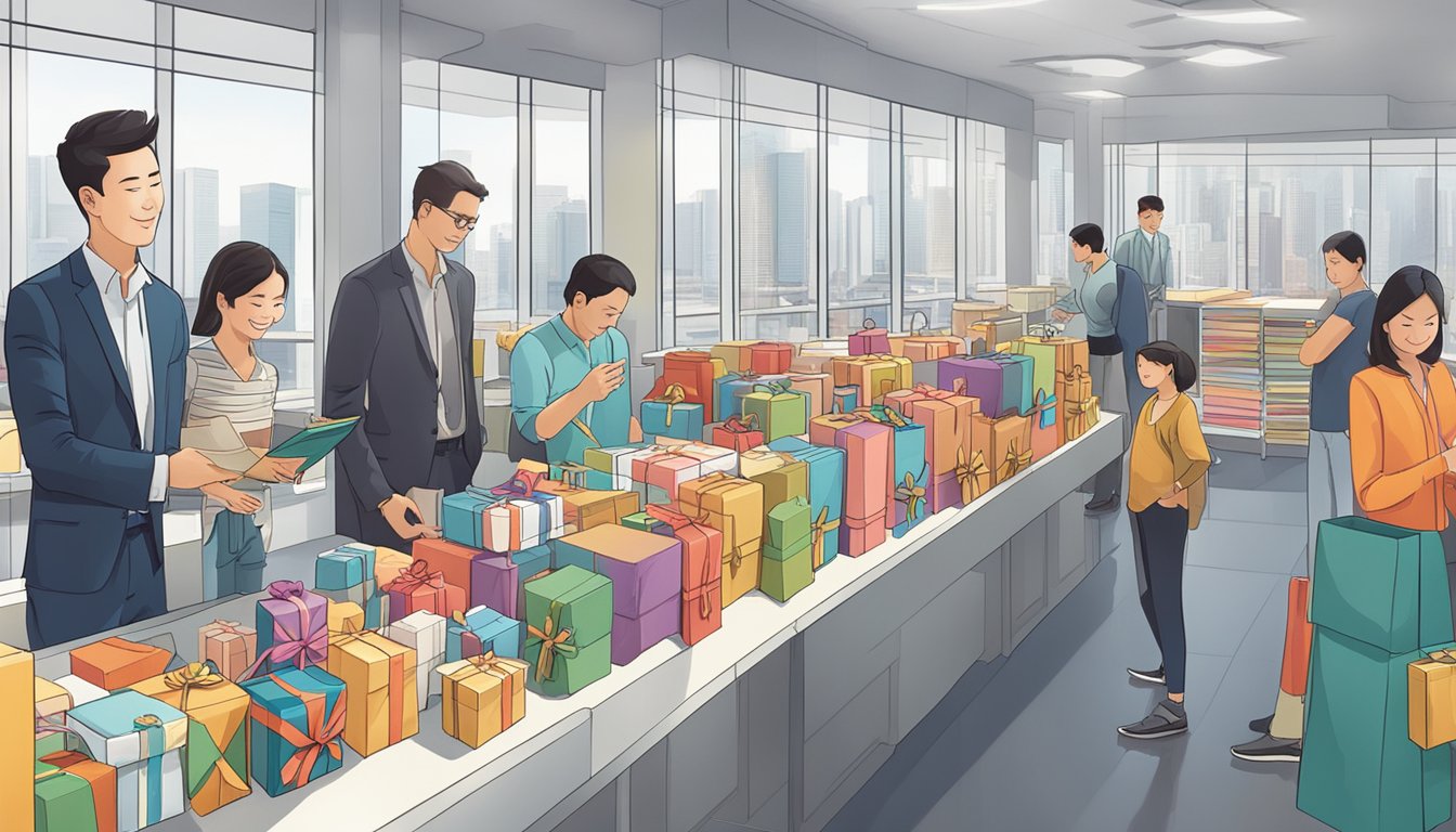 A table displaying various corporate gifts with price tags, surrounded by satisfied customers reviewing ArchSingapore.com's value and quality
