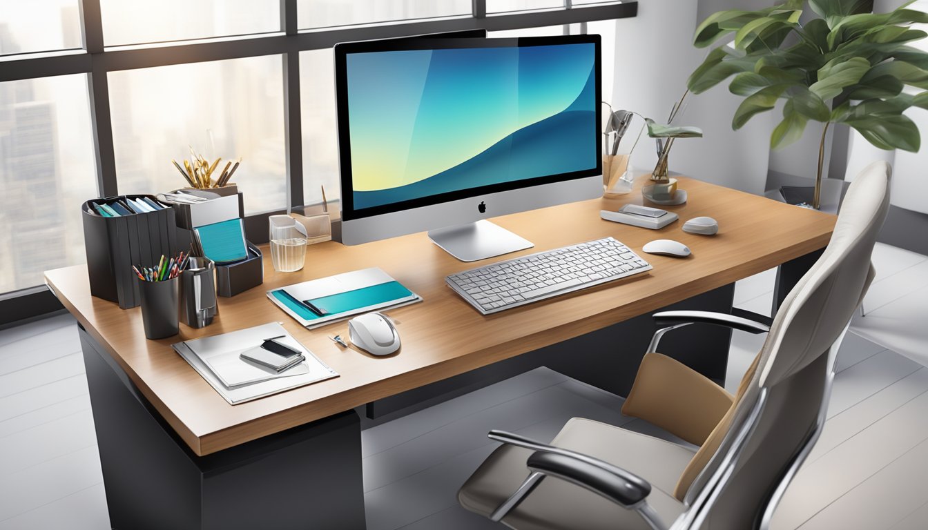A sleek, modern office desk adorned with a selection of high-end corporate gifts, exuding elegance and quality craftsmanship