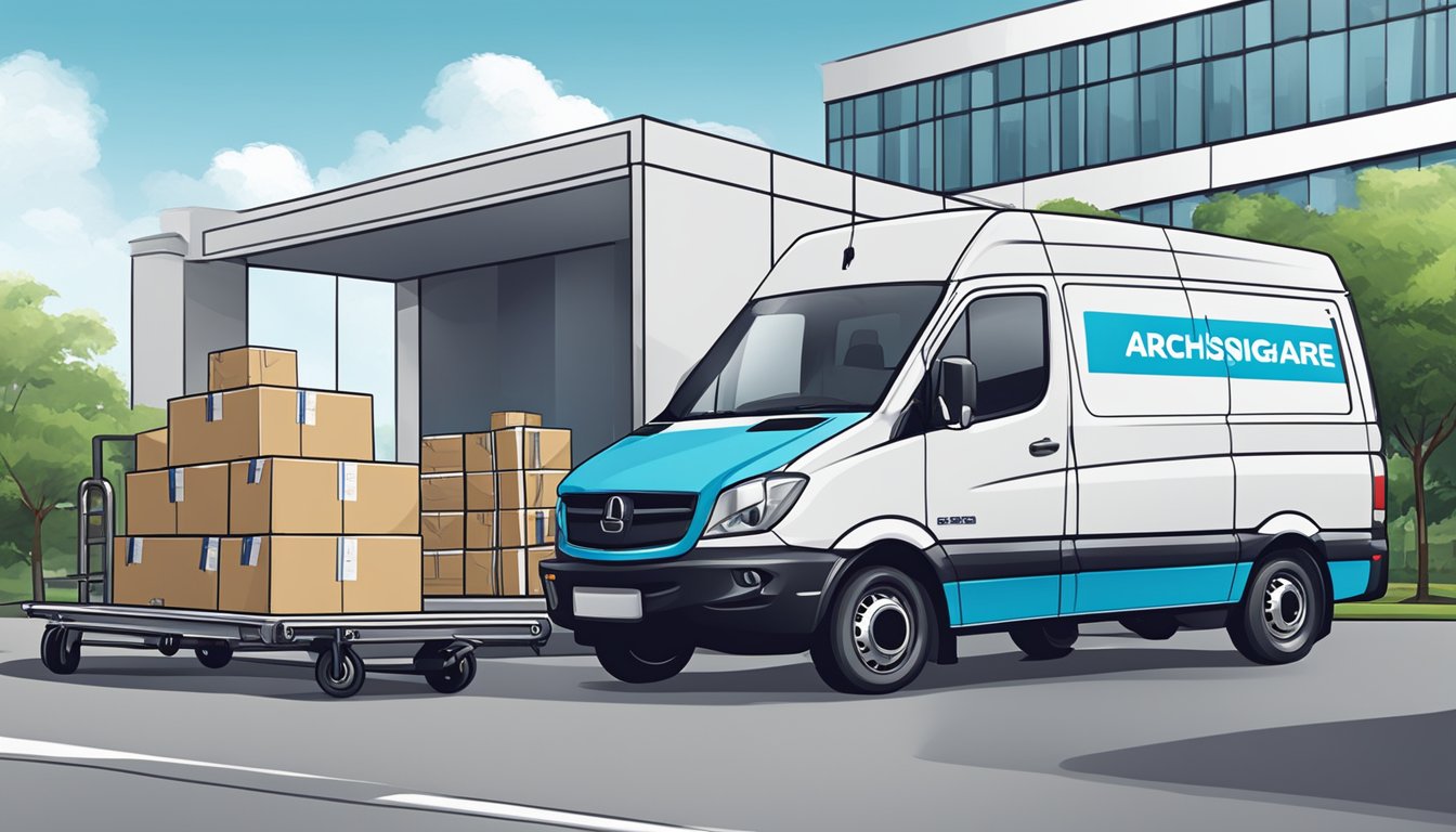 A delivery van parked outside a corporate building, with packages being unloaded and stacked on a trolley. The company logo "ArchSingapore.com" prominently displayed on the side of the van