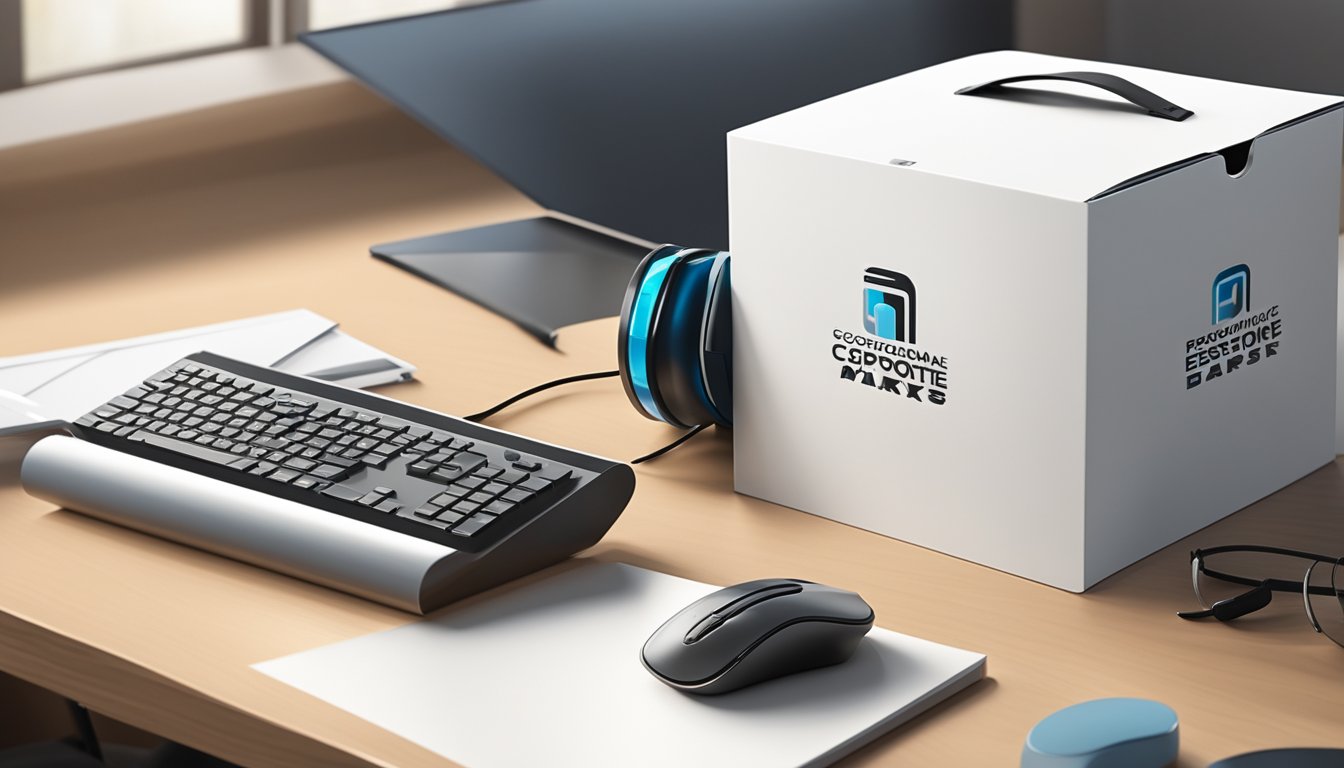 A corporate logo branded gift box sits on a polished desk with a customer service representative's headset nearby
