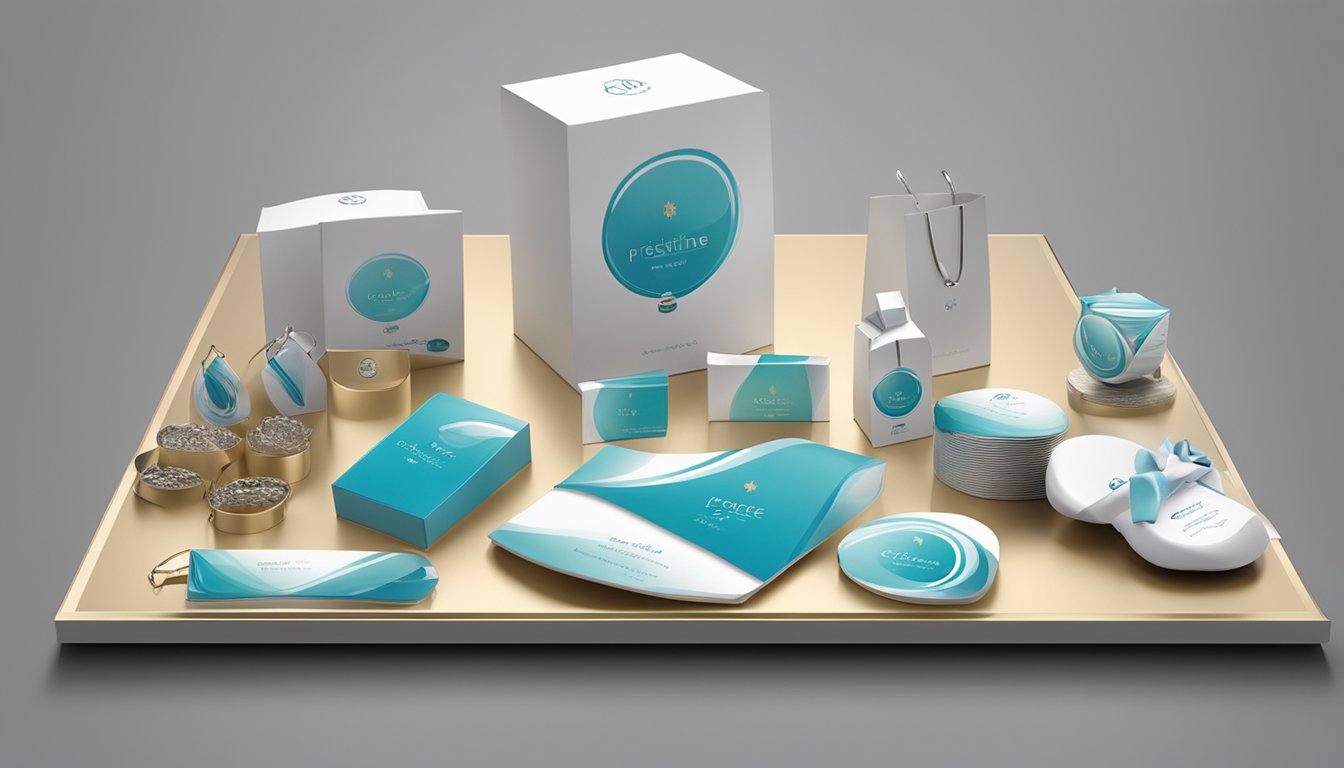 A table displays elegant corporate gifts with price tags. PristineGifts.com.sg logo is prominent. Light shines on the items, emphasizing their value