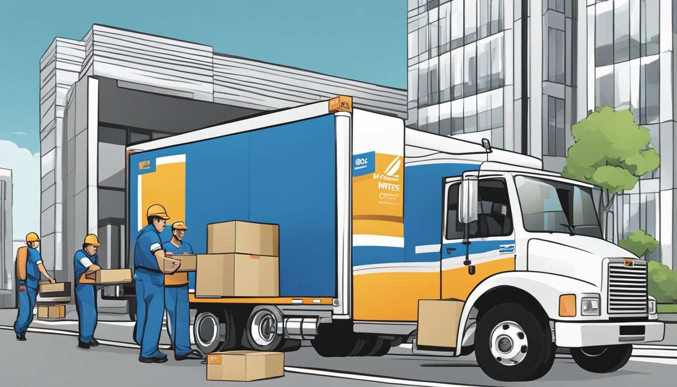 A delivery truck parked outside an office building, with workers unloading boxes of corporate gifts from PristineGifts.com.sg