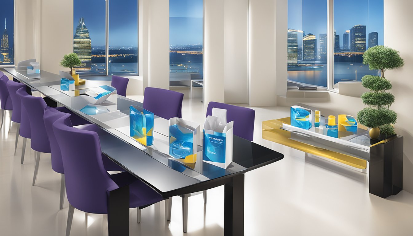 A group of corporate gifts displayed on a sleek, modern table. The logo "PristineGifts.com.sg" is prominently featured. Bright lighting highlights the products