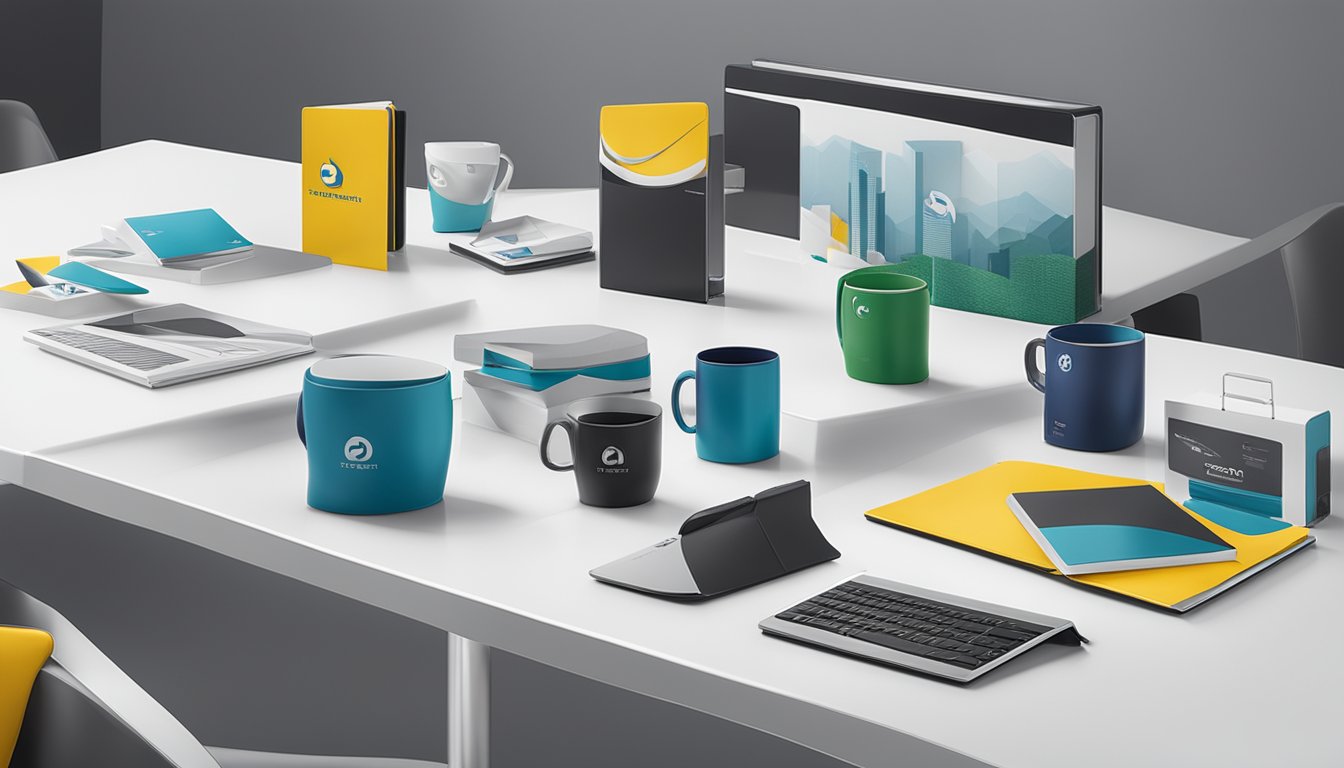 A group of corporate gifts displayed on a sleek, modern table with the TJProducts.com.sg logo prominently featured in the background