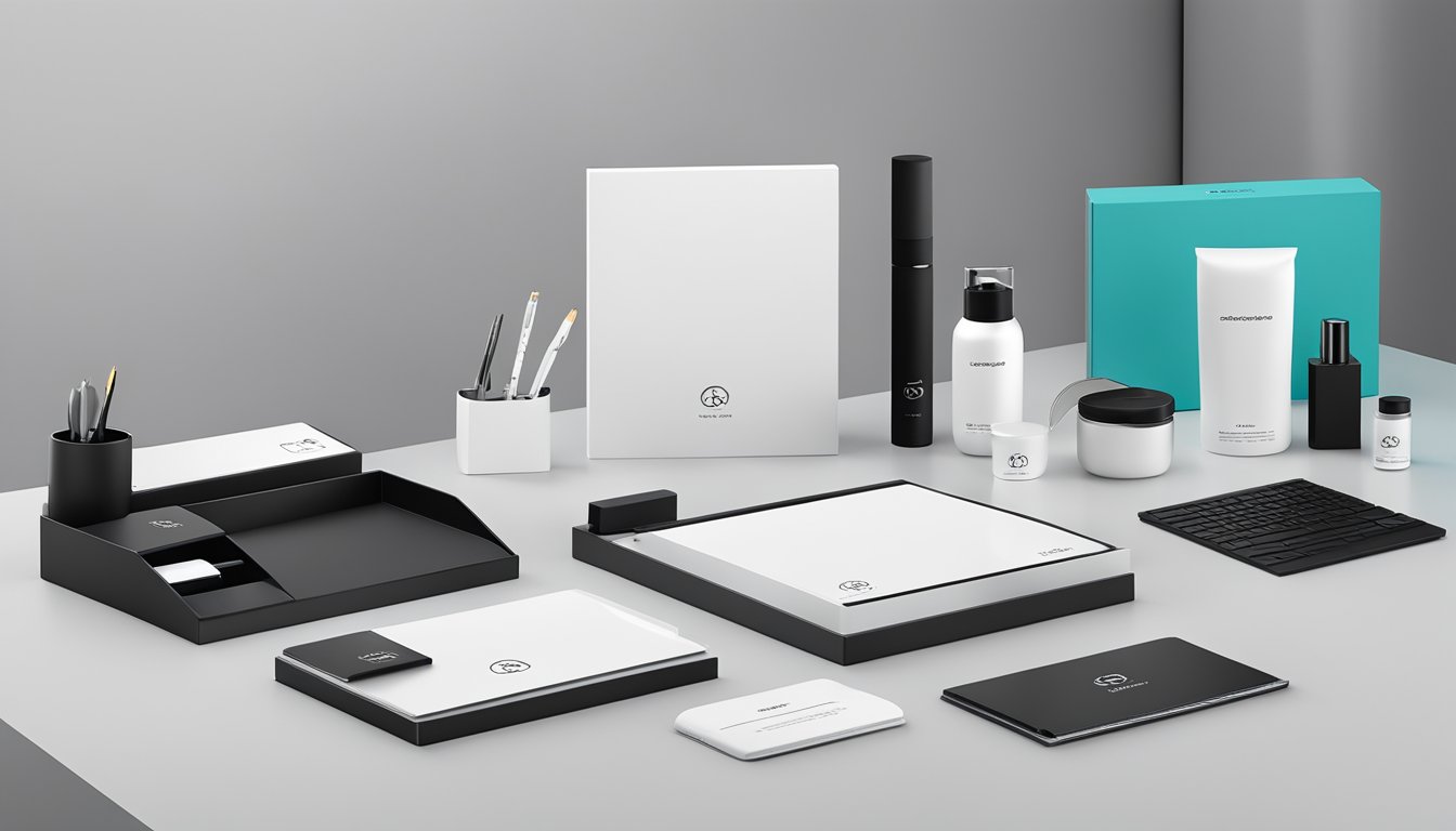 A sleek corporate gift set displayed on a modern desk, featuring branded items from TJProducts.com.sg. Clean lines and professional aesthetic