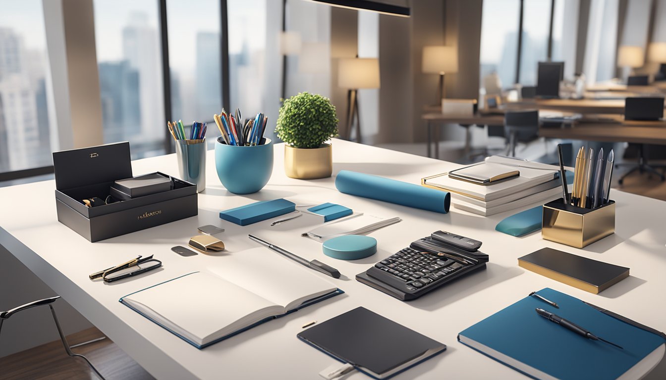 A table adorned with a variety of corporate gifts, including branded pens, elegant notebooks, and sleek tech accessories, displayed in a well-lit showroom