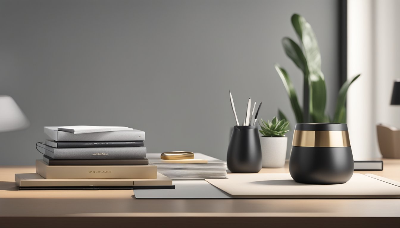 A sleek, modern corporate gift sits on a polished desk, catching the light with its impeccable craftsmanship and quality materials. TJProducts.com.sg logo subtly embossed on the side