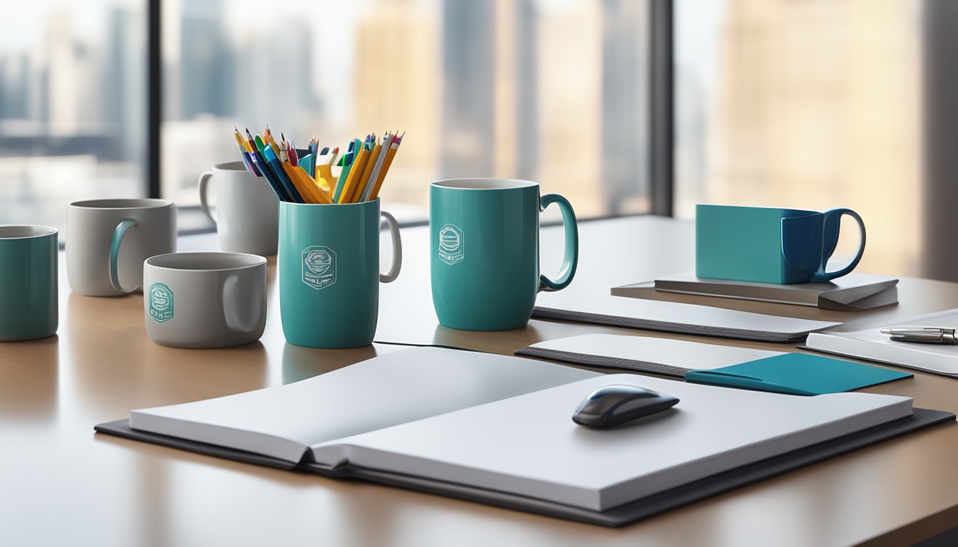A table adorned with branded corporate gifts, including mugs, notebooks, and pens, is displayed in a sleek office setting