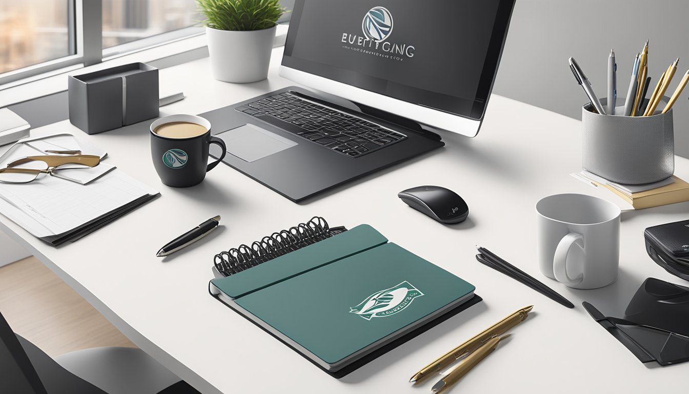A sleek office desk with branded corporate gifts displayed, including custom-printed mugs, notebooks, and pens. The company logo is prominently featured on each item