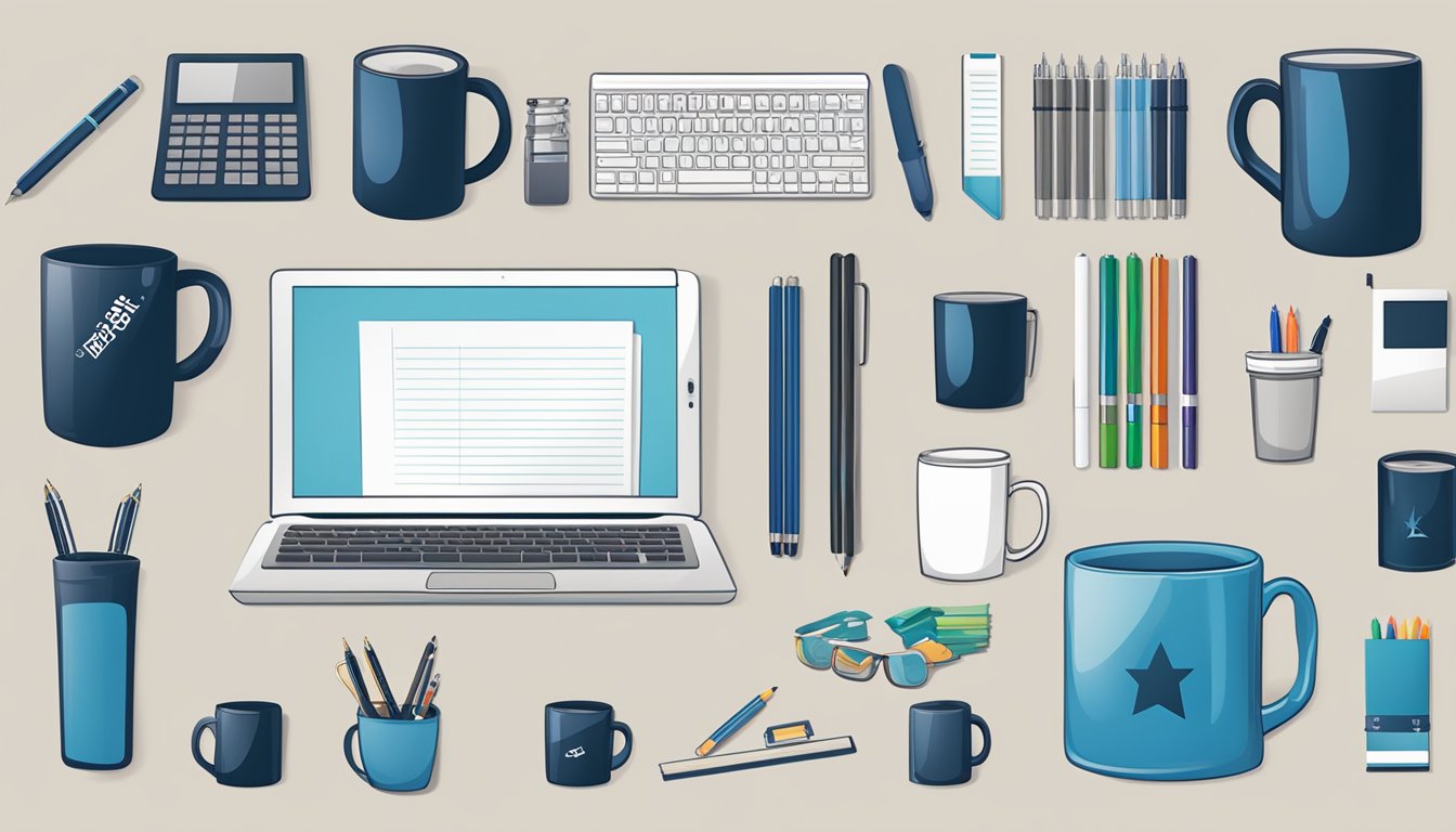 A table displays a variety of corporate gifts, including branded items like mugs, pens, and notebooks. A banner with the company logo hangs in the background