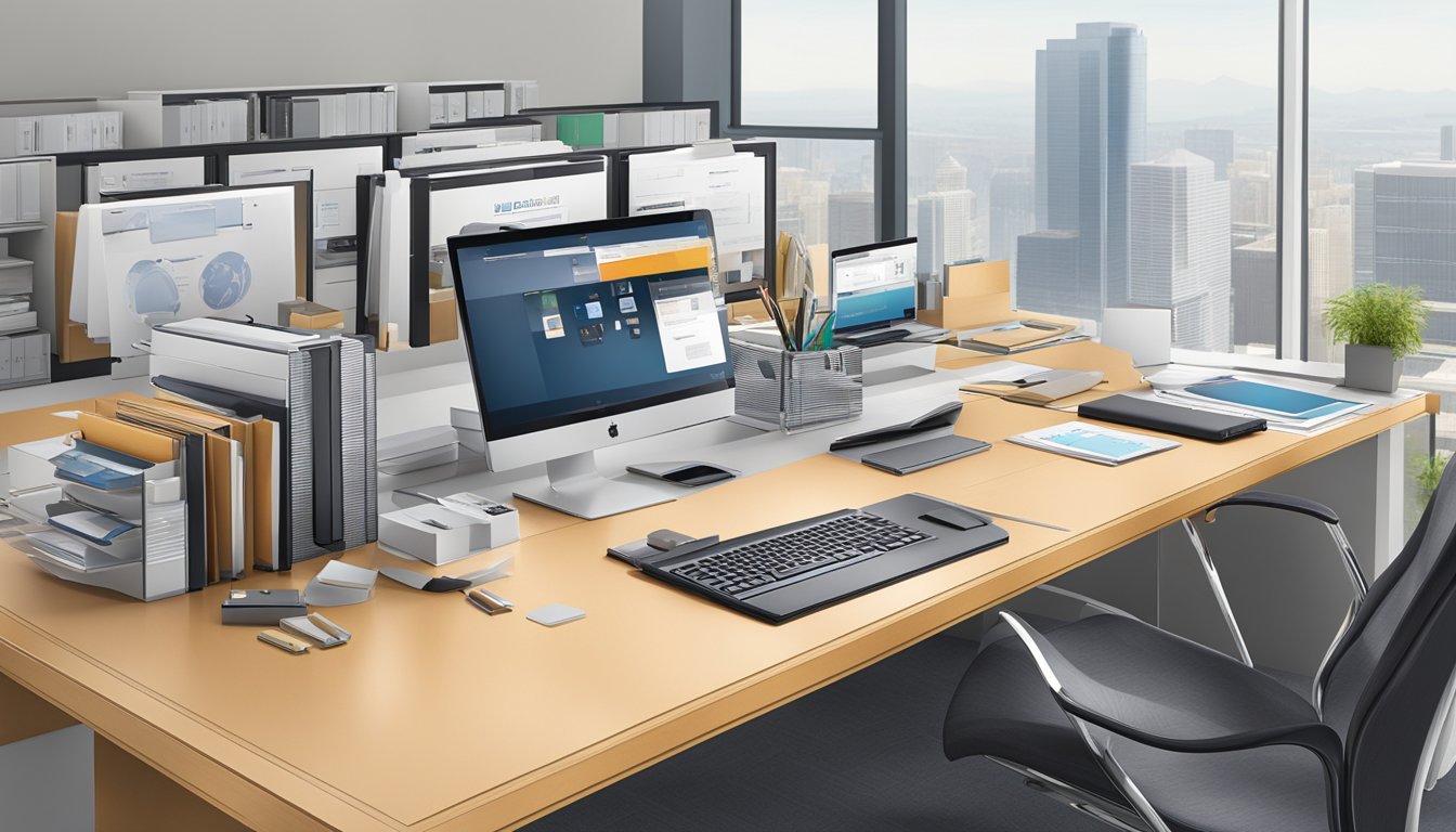 A sleek, modern office desk adorned with high-quality corporate gifts and promotional items. The items are expertly crafted and showcase the attention to detail and professionalism of ProvisionPrint.net