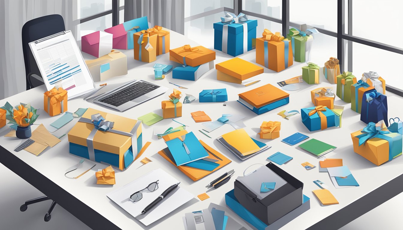 A table adorned with elegant corporate gifts, surrounded by price tags and value propositions