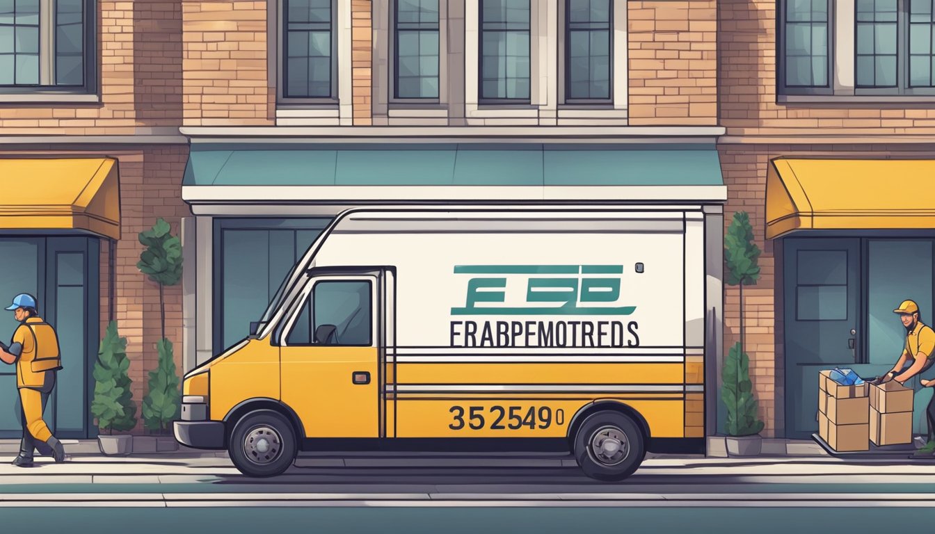 A delivery truck pulls up to a corporate office, unloading boxes of branded gifts. A worker signs for the shipment as others begin to unpack and distribute the items