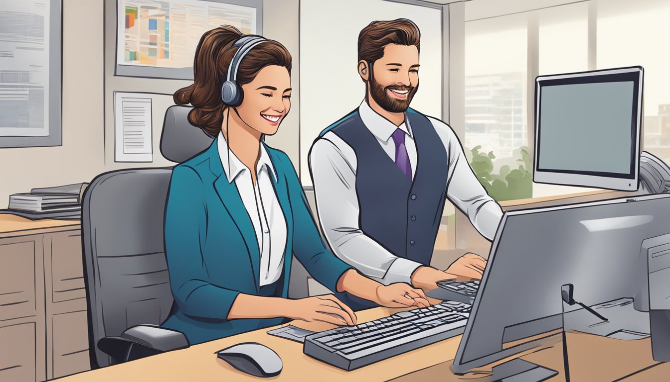 A customer service representative assists a client with Print.net corporate gifts, while a positive review is displayed on the computer screen
