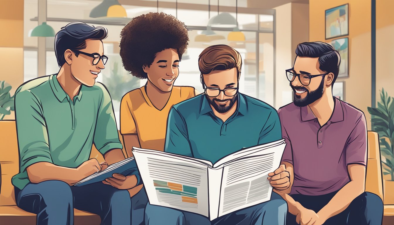 A group of people reading and discussing a brochure titled "Frequently Asked Questions ProvisionPrint.net Corporate Gifts Review."