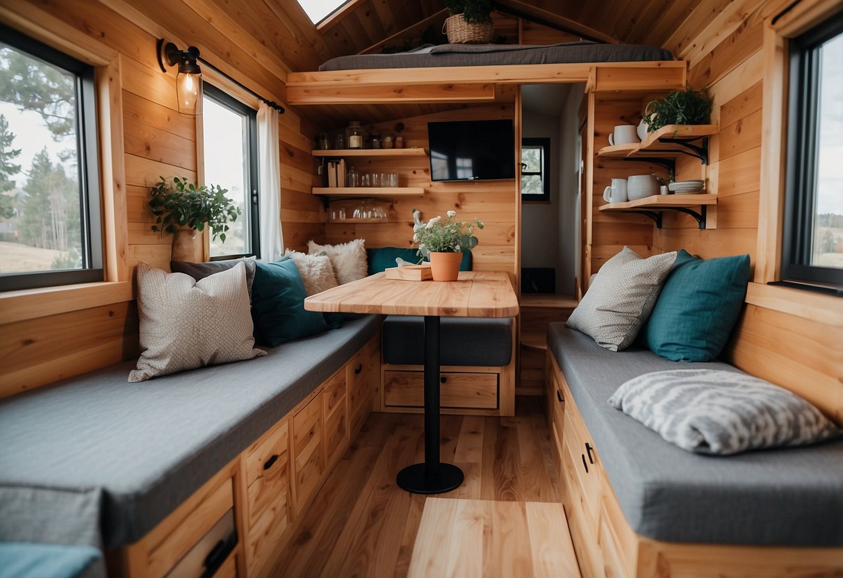 A cozy tiny home with clever storage solutions: built-in shelves, under-bed drawers, hanging baskets, and fold-down tables maximize space