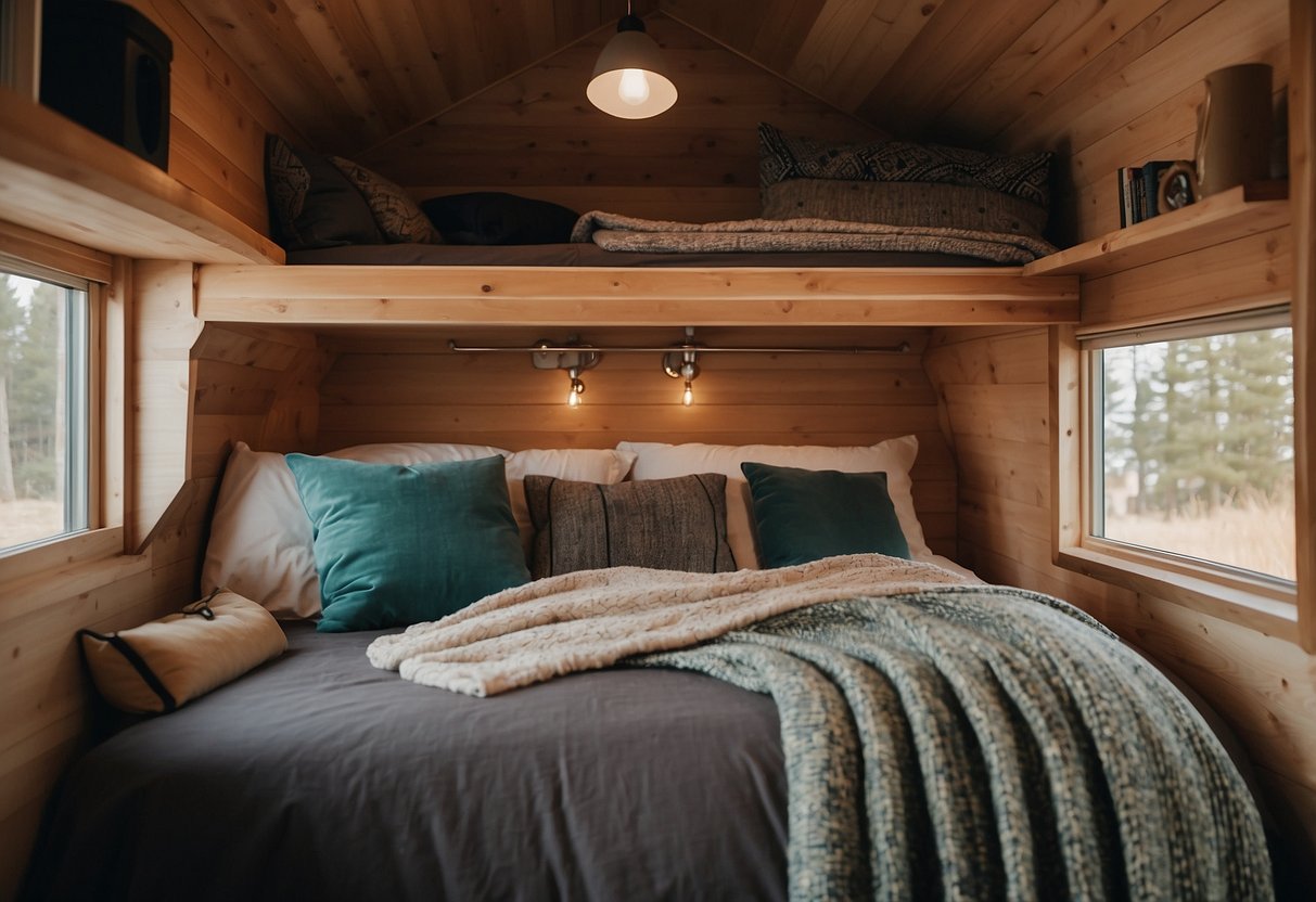 A lofted bed with built-in shelving, a hanging organizer, and wall-mounted hooks for vertical storage in a cozy tiny home