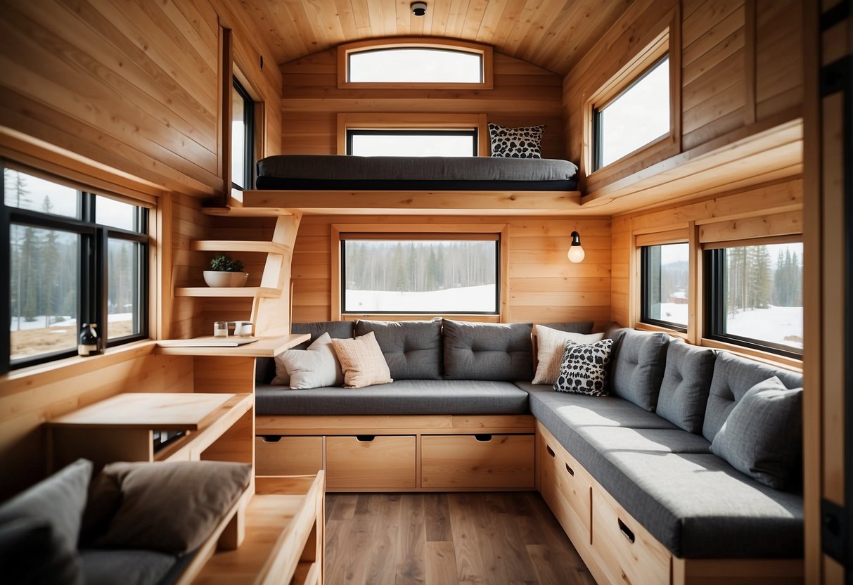 A modern tiny home with innovative furniture, such as a sofa with built-in storage, a bed with drawers, and a dining table with hidden compartments