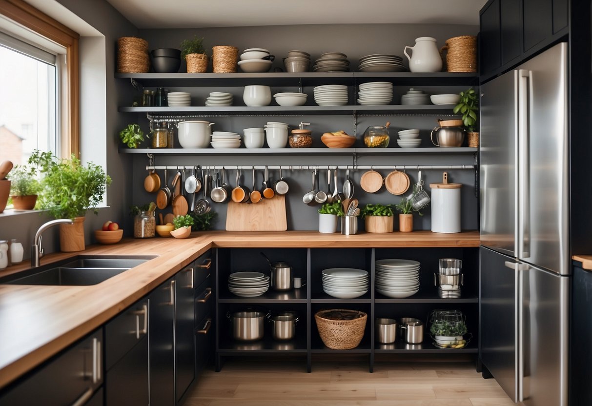 A neatly organized kitchen with clever storage solutions: hanging pots and pans, sliding pantry shelves, and multi-functional furniture