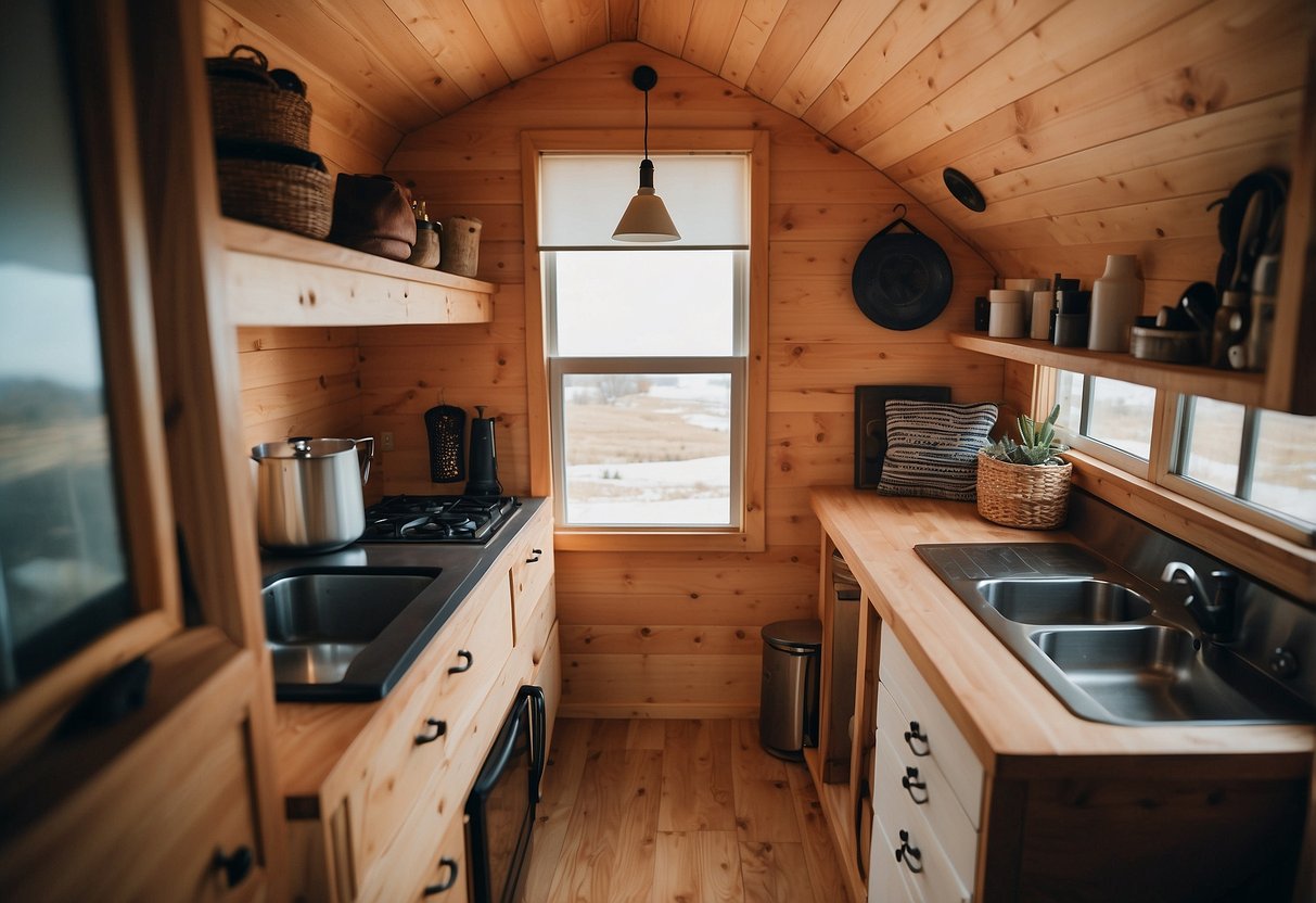 A small, cozy tiny home with clever storage solutions in every nook and cranny. Shelves, drawers, and hooks maximize space under stairs, in corners, and on walls