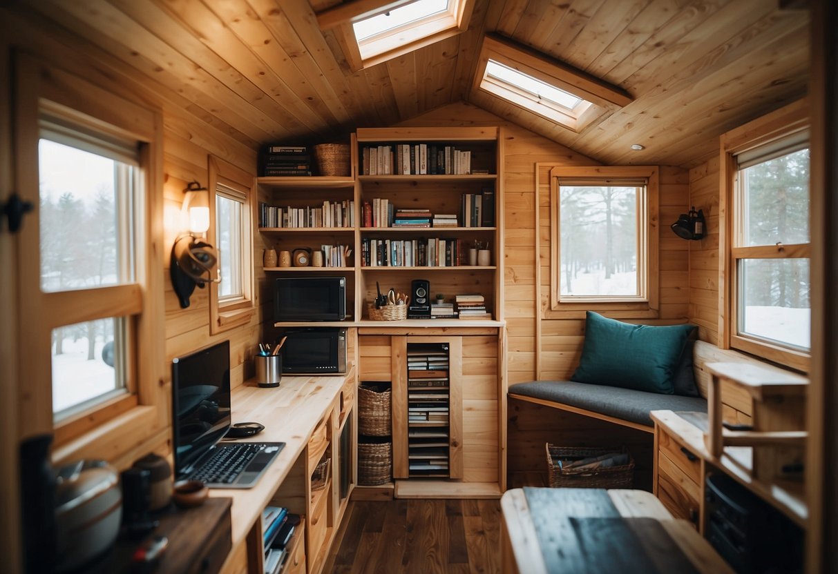 A tiny home with clever storage solutions, shelves, and hidden compartments to maximize space and keep everything organized