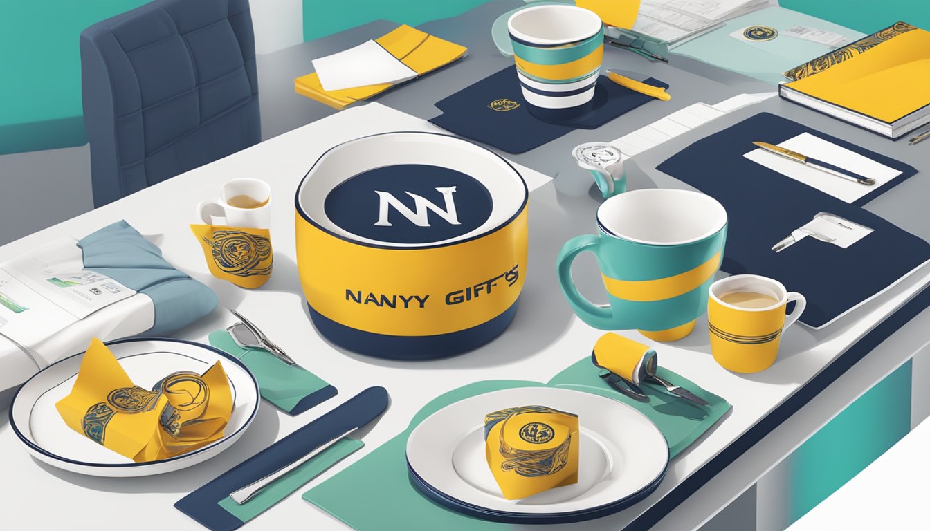 A table with various corporate gifts displayed, logo of NanyangGifts Pte Ltd in the background, and a professional setting