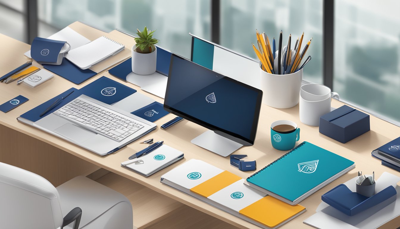 A sleek office desk with branded corporate gifts displayed, including pens, notebooks, and mugs. The company logo is prominently featured on the items