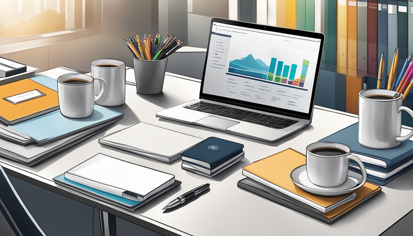 A table displaying a variety of corporate gifts, including branded pens, custom notebooks, and logo-printed mugs, with a backdrop of a modern office setting