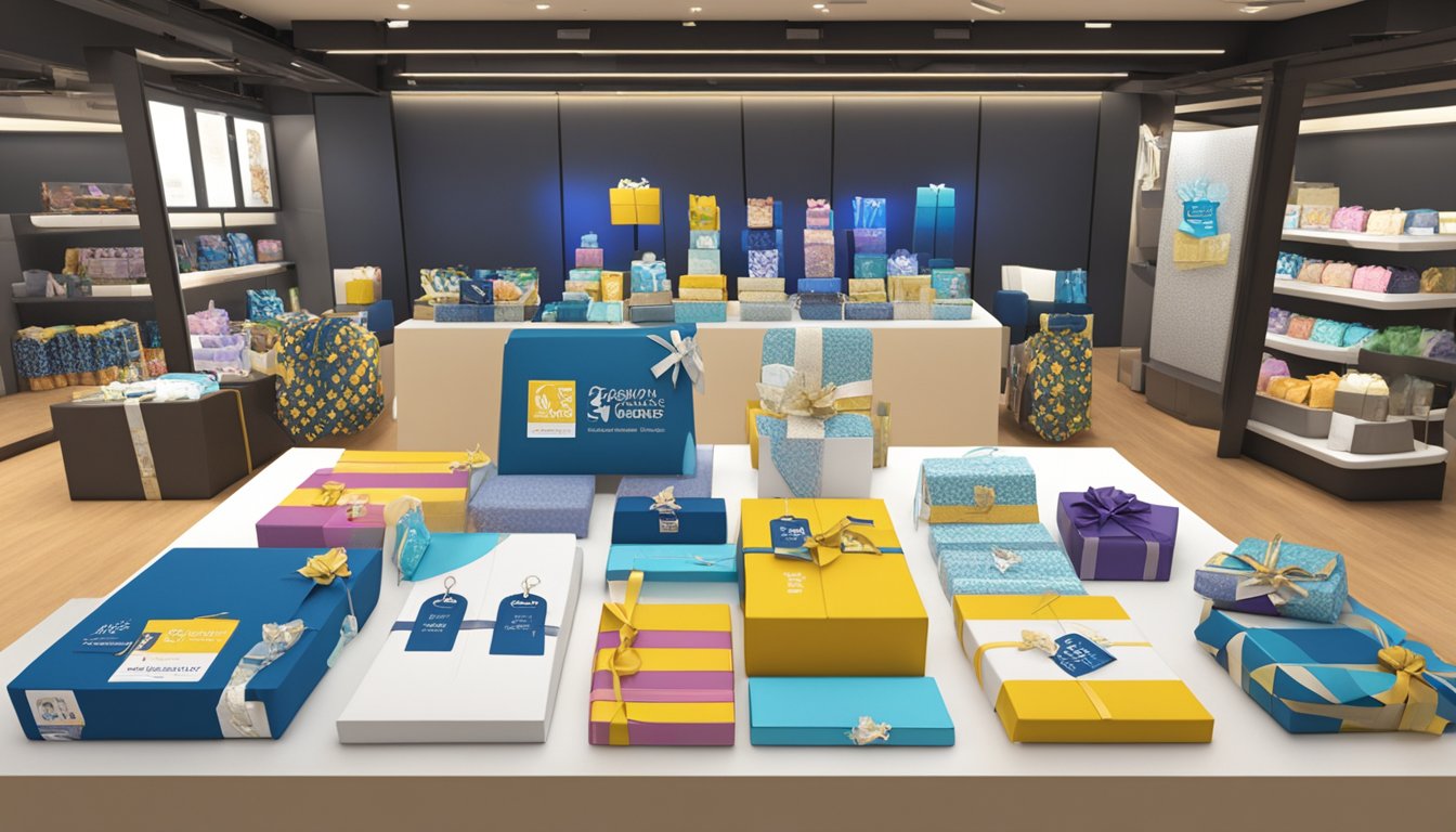 A table displays a variety of corporate gifts with price tags. The NanyangGifts Pte Ltd logo is prominently featured in the background