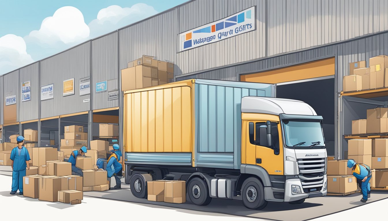 A delivery truck pulls up to the NanyangGifts Pte Ltd warehouse, unloading boxes of corporate gifts. The shipping area is bustling with workers sorting and packaging items for delivery