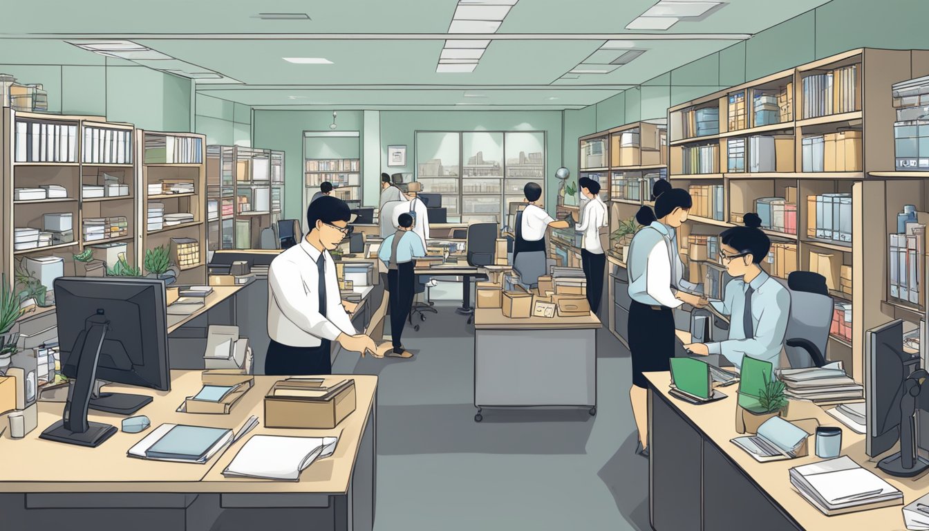 A busy office with employees assisting customers, shelves filled with corporate gifts, and a sign displaying "NanyangGifts Pte Ltd Corporate Gifts Review."