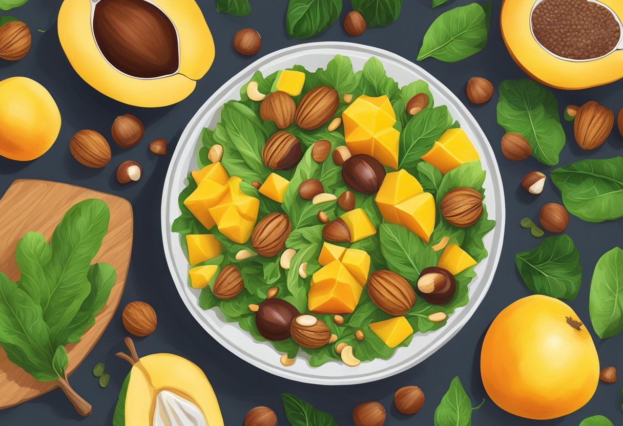 A bowl of refreshing mango and chestnut salad, with vibrant colors and textures. The ripe mangaba fruit and crunchy chestnuts are the focal point, surrounded by fresh greens and other colorful ingredients