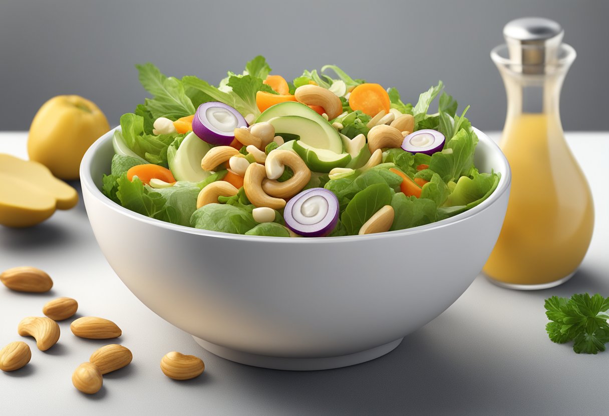 A bowl of refreshing mangaba and cashew nut salad being prepared with fresh ingredients and a light dressing