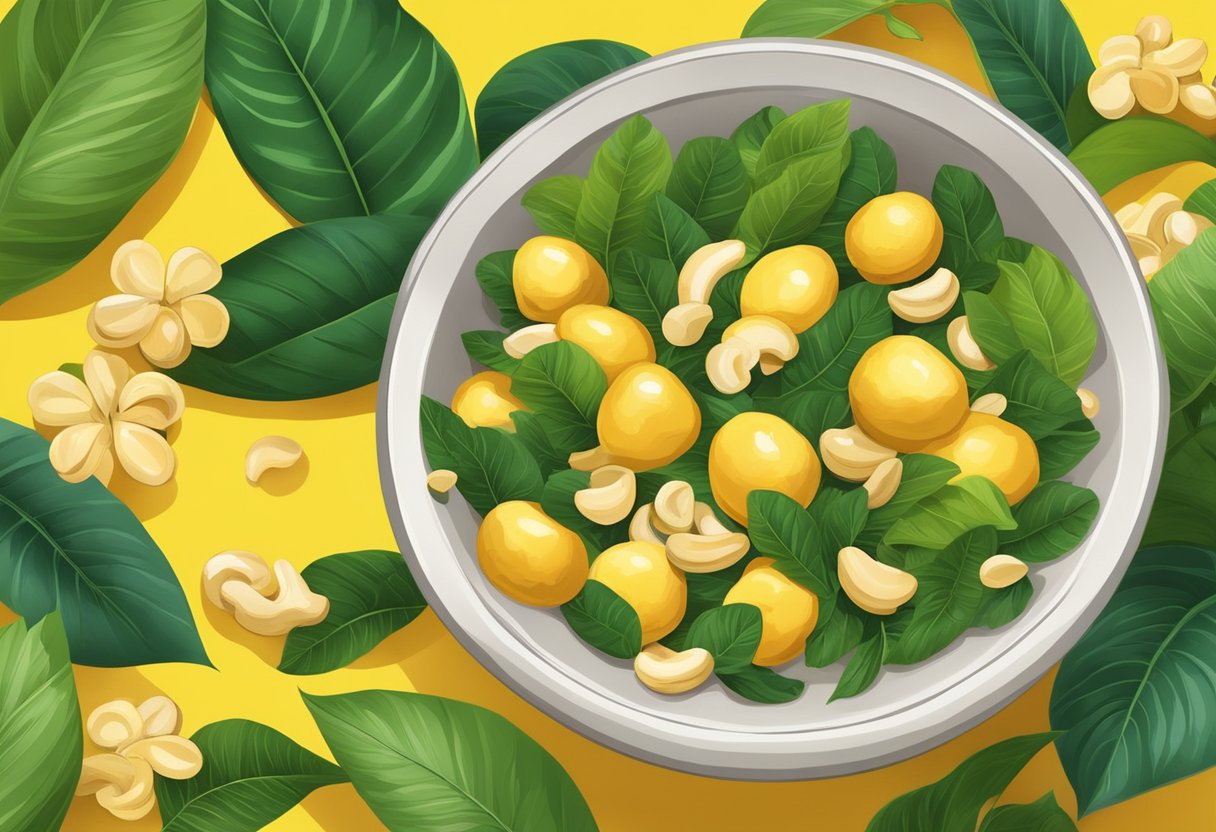 A bowl filled with ripe mangaba fruit and crushed cashew nuts, surrounded by fresh green leaves and vibrant yellow flowers