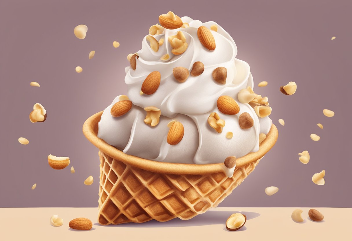 A scoop of caja fruit ice cream topped with crunchy cashew nut pieces in a waffle cone