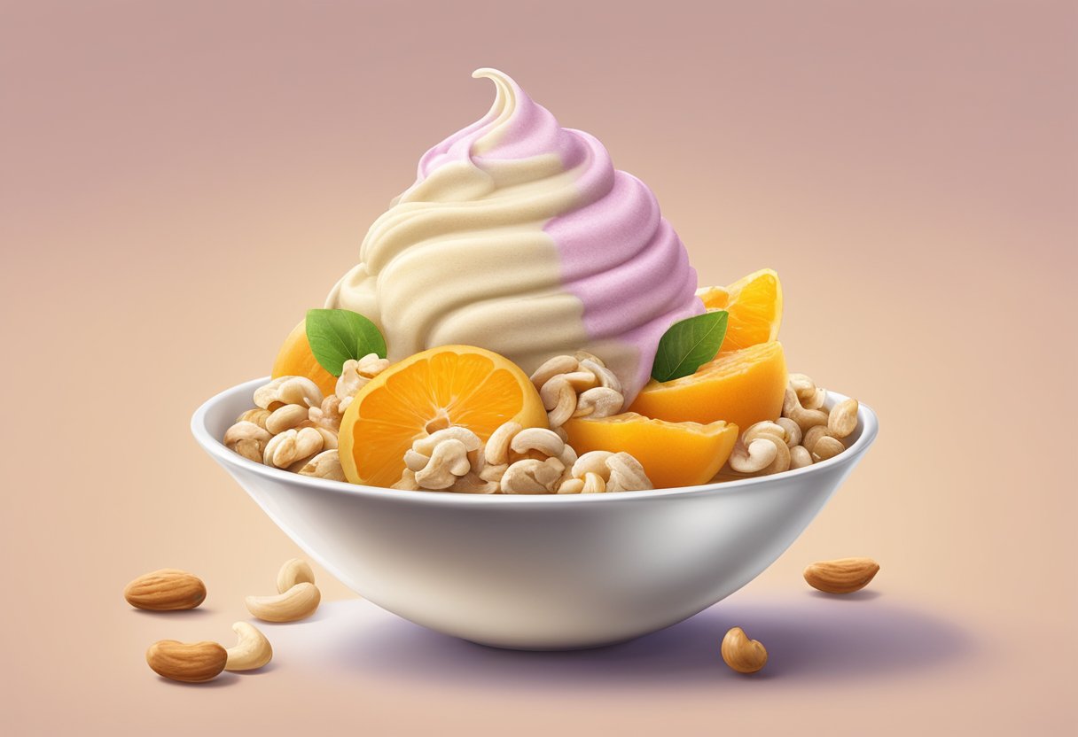 A bowl of caja fruit ice cream topped with crunchy cashew nuts